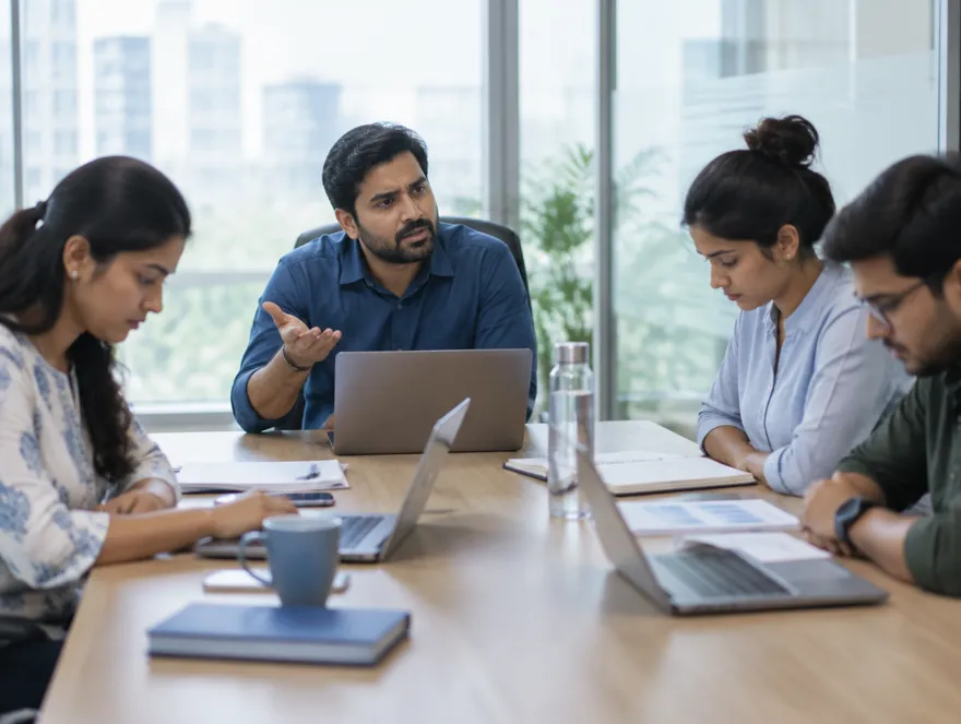 An owner asks a question in a meeting while his team looks down at their laptops.