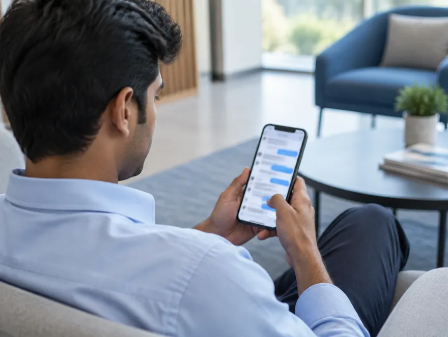A salesman scrolls a long chat on his phone in a client’s waiting room.