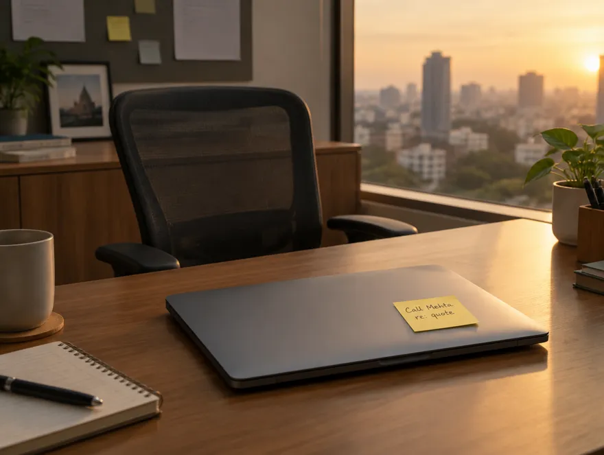 An empty office desk with a sticky note on a closed laptop.
