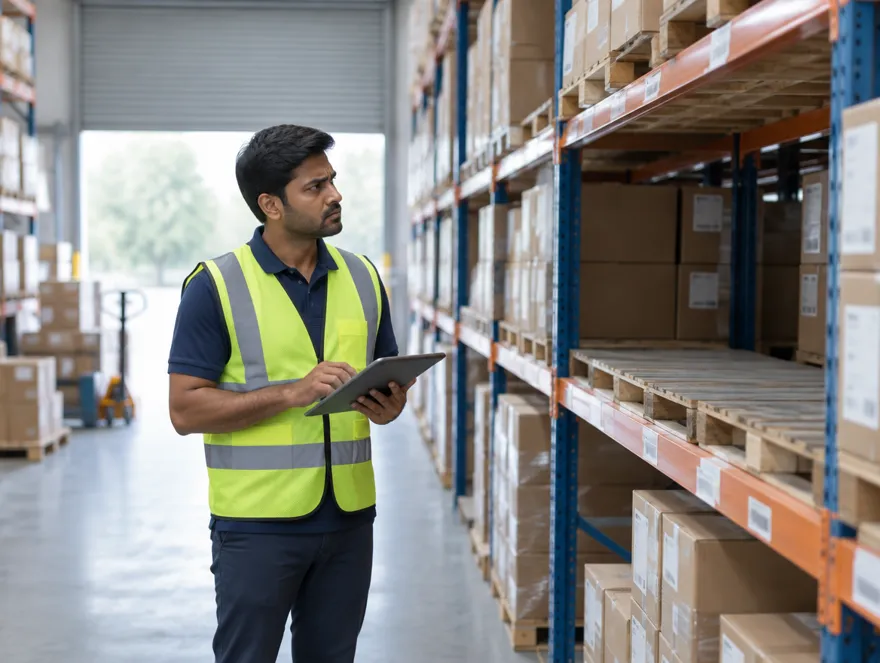 A warehouse supervisor with a tablet frowns at a half-empty shelf.