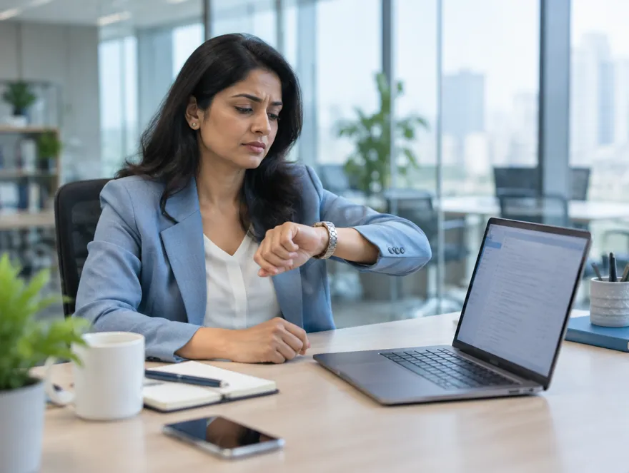 A business owner checks her watch at her desk, waiting for a reply.