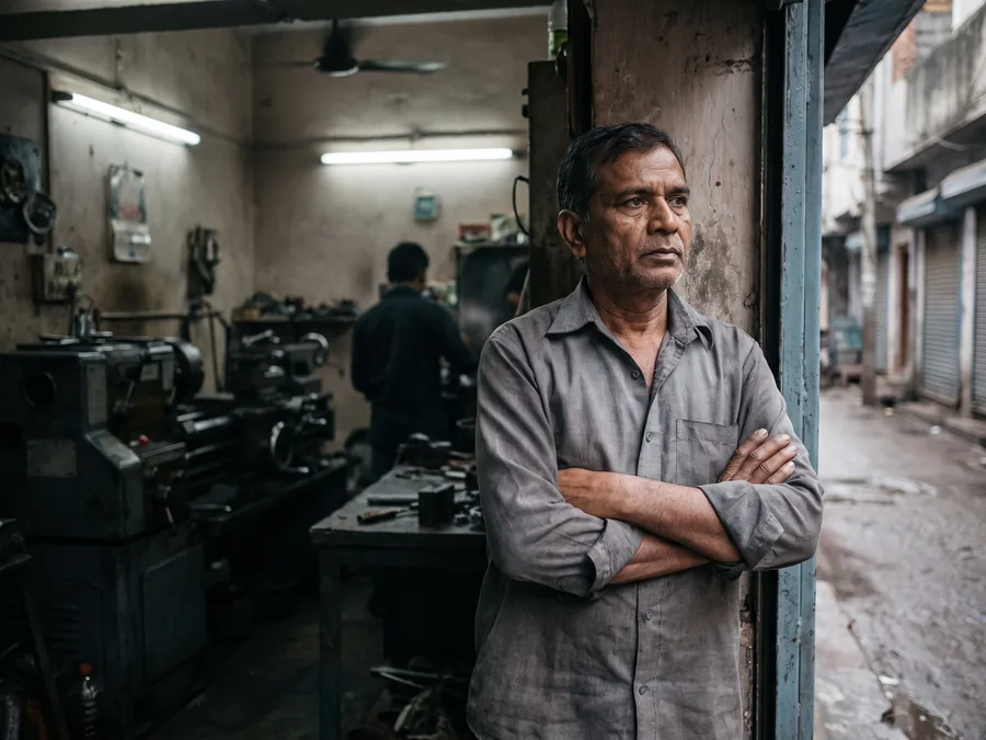 The owner of a small manufacturing unit standing in his doorway, arms folded, the workshop behind him.