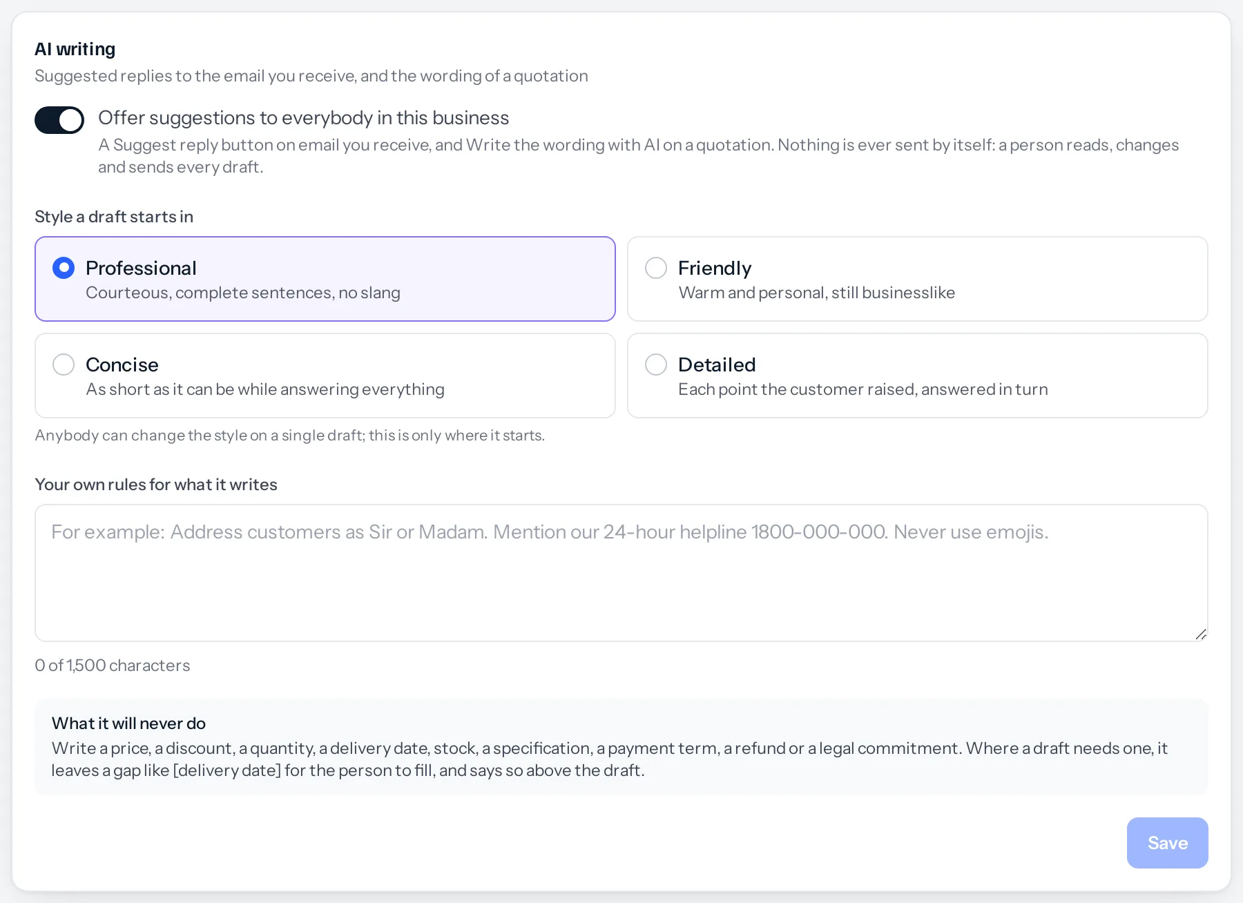 The AI writing settings card: a switch to offer suggestions to everybody, four style choices with Professional selected, a box for the business's own rules, and the list of things it will never write.