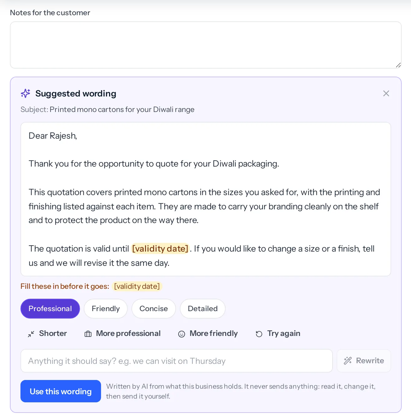 Under Notes for the customer on a quotation, a Suggested wording panel with a subject line and a covering note addressed to Rajesh, with one highlighted gap for the validity date.