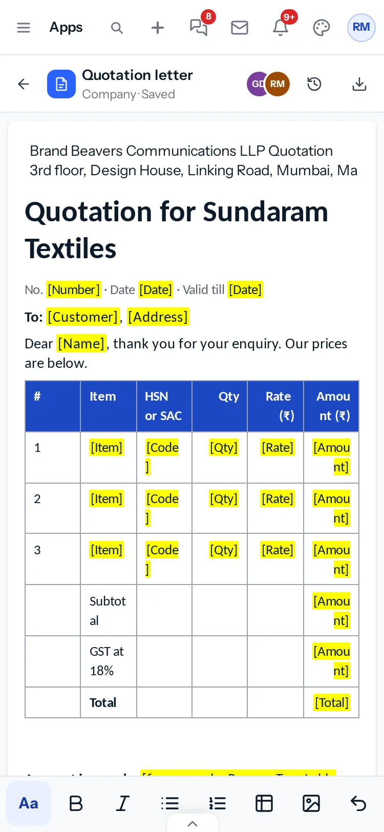A Word document open on a phone in JAI CRM: the page as one long sheet and the formatting bar above the keyboard.