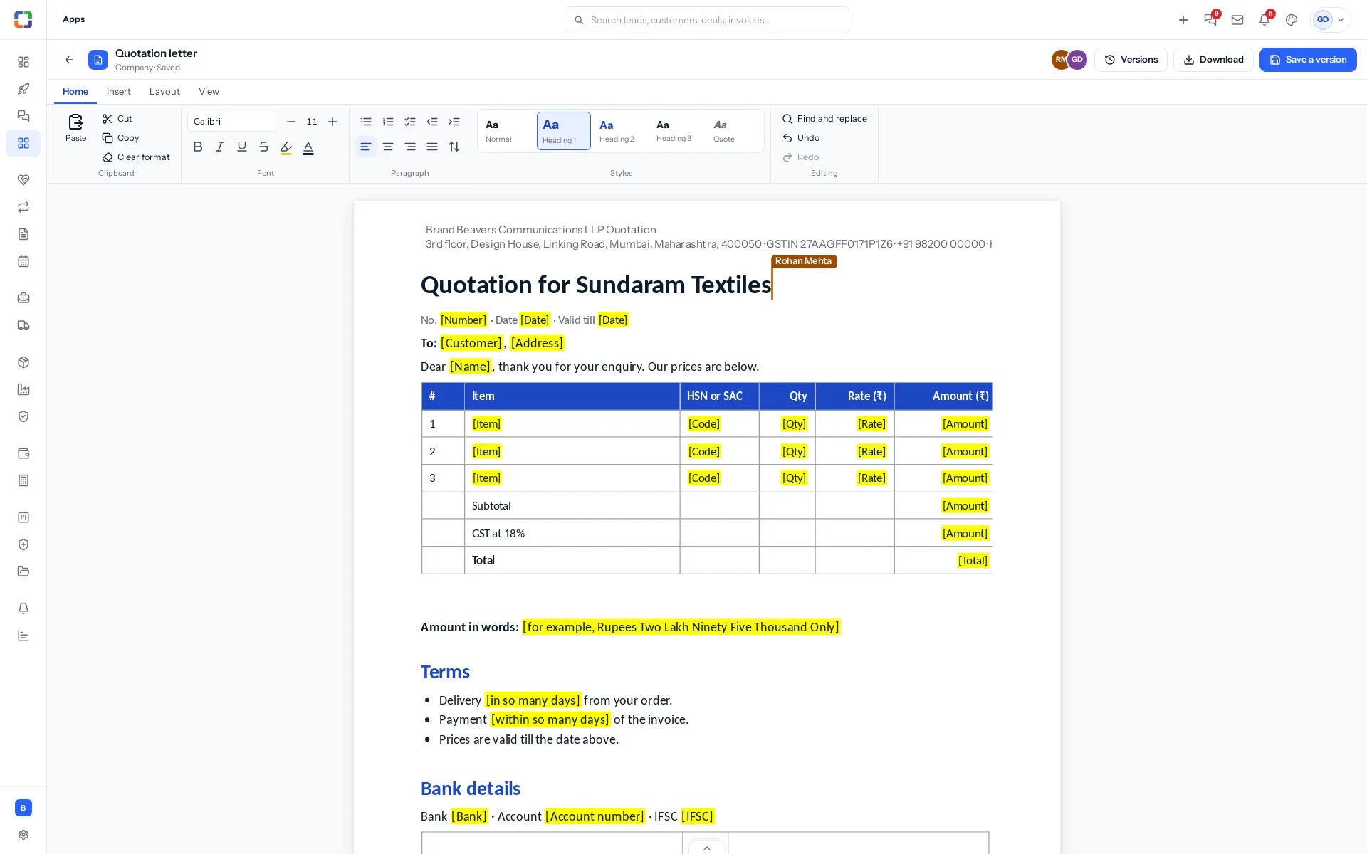 A scope of work open in the Document editor: the ribbon across the top, A4 pages on a grey desk, and a colleague's cursor with his name beside the line he is typing.