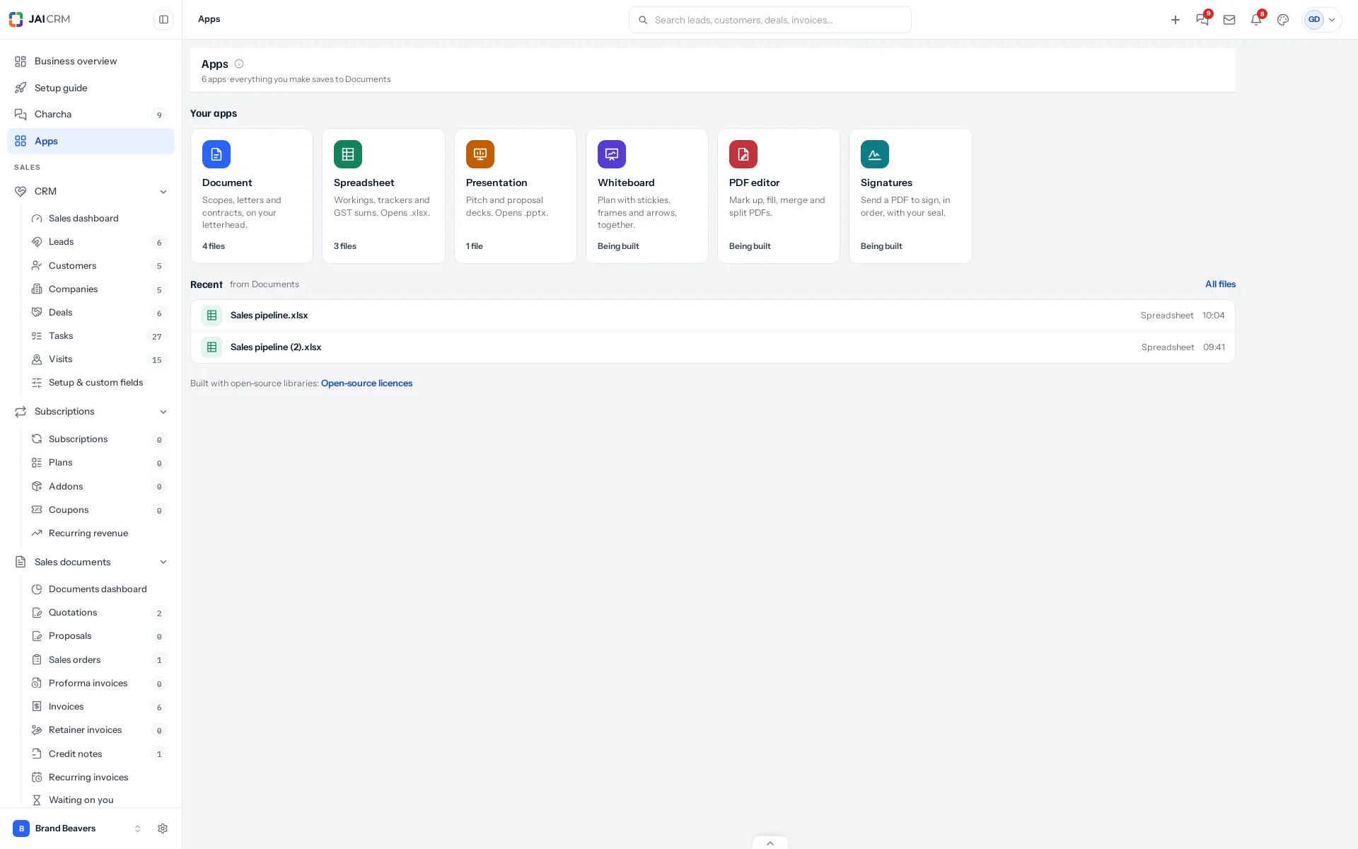 The Apps screen: six tiles for Document, Spreadsheet, Presentation, Whiteboard, PDF editor and Signatures, each with its colour and how many files it has, and the recent files below.