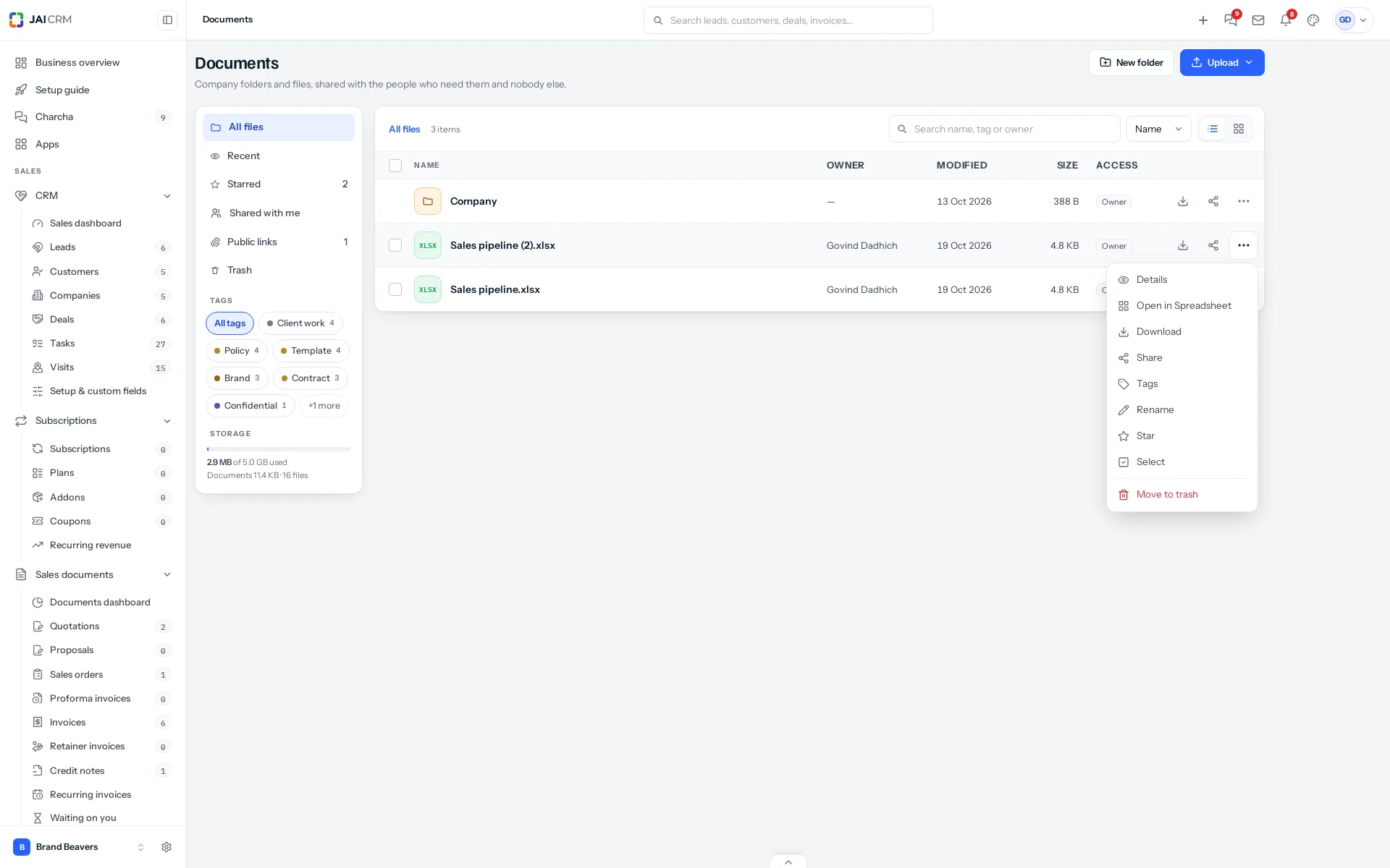 A file menu in Documents with Details, Open in Spreadsheet, Download, Share, Tags, Rename and Star.