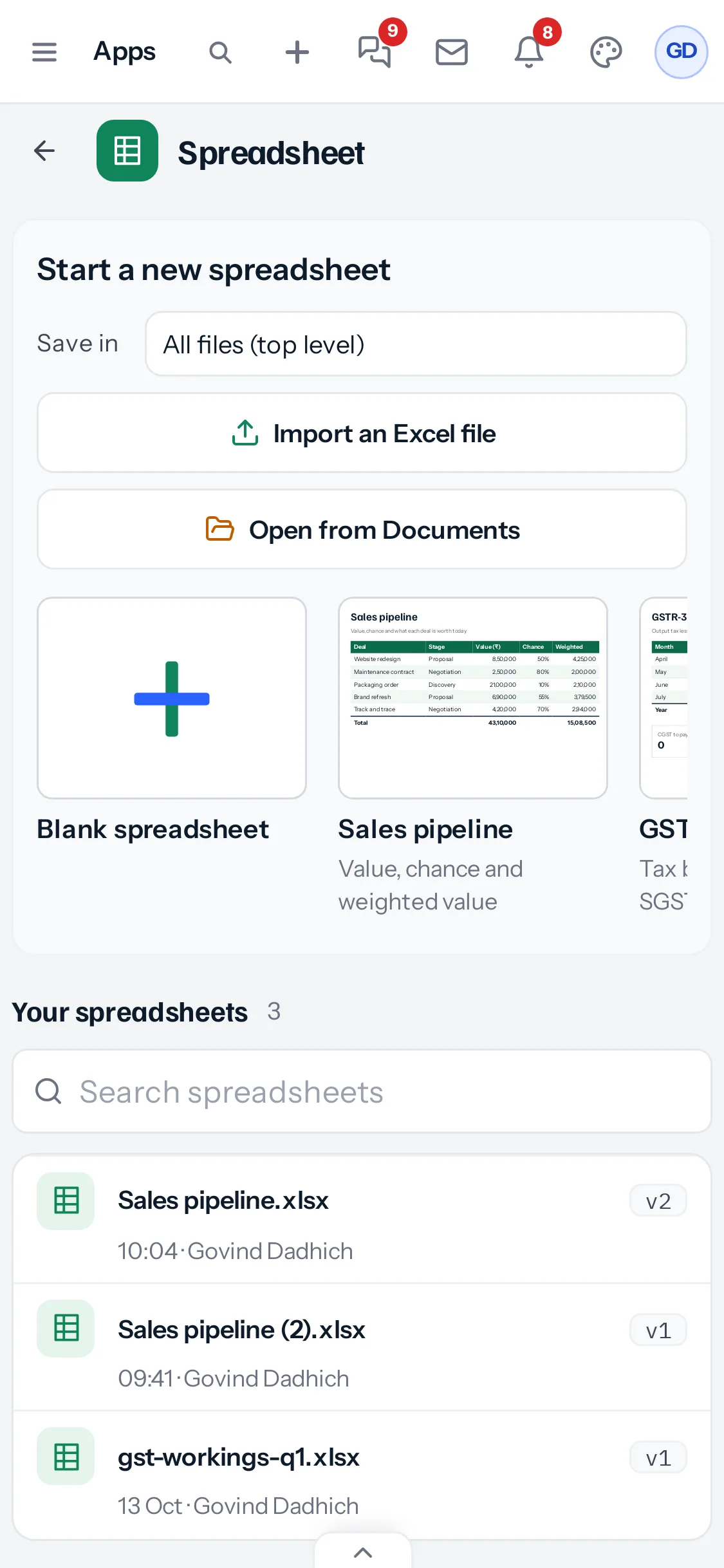 The Spreadsheet home on a phone: Save in, Import an Excel file and Open from Documents as full-width buttons, the template pictures in a swipeable row, and the spreadsheets below.