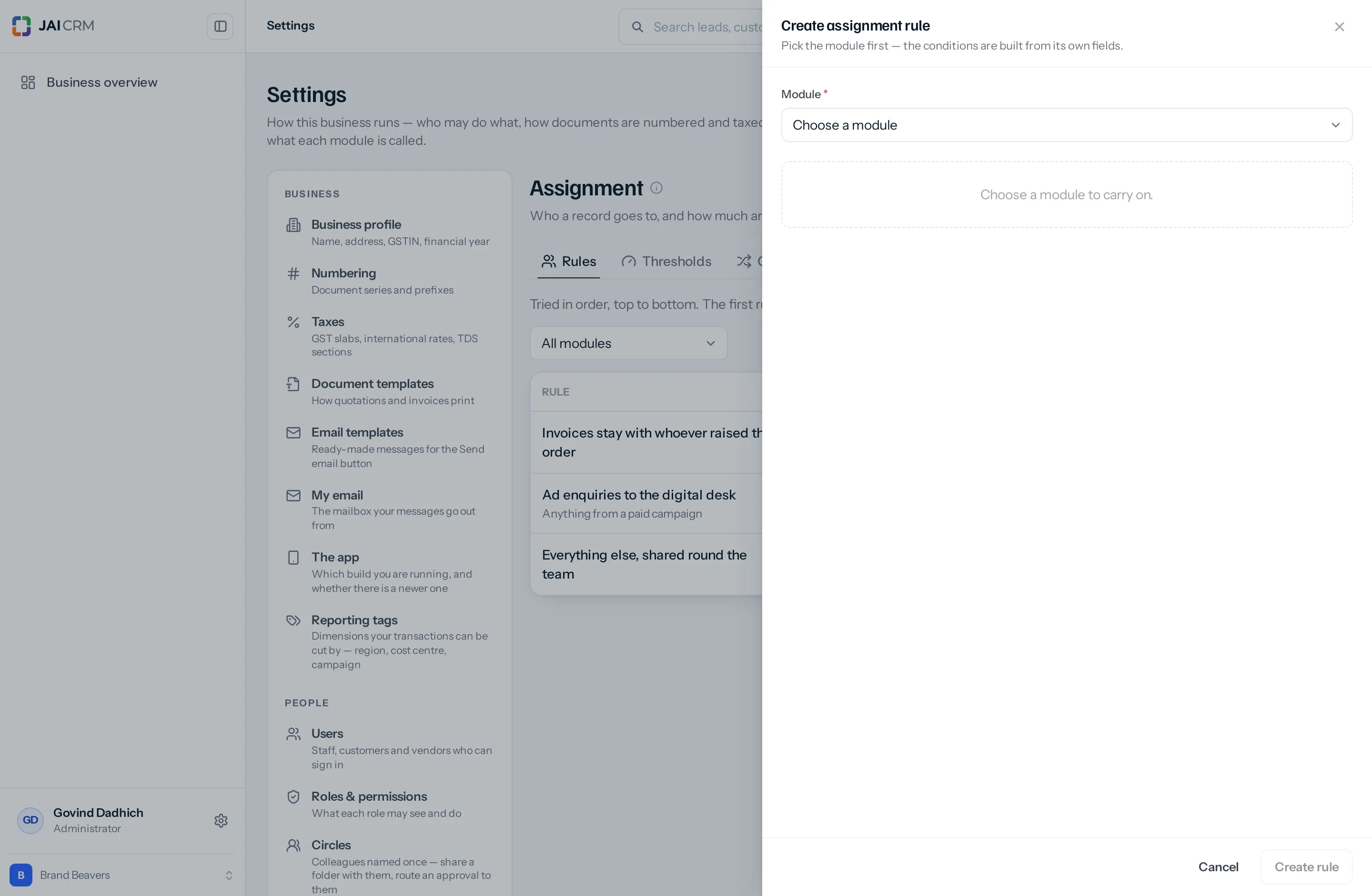 The Create assignment rule panel, open and nearly empty. Under the heading it reads "Pick the module first — the conditions are built from its own fields." A single Module dropdown reads "Choose a module", and below it a dashed box says "Choose a module to carry on." The Create rule button is greyed out.