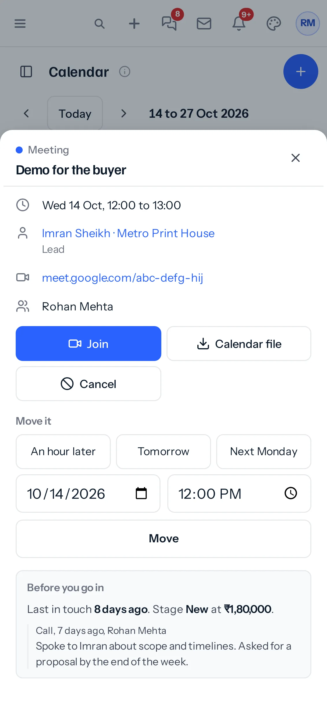 A meeting open on a phone: its time, the lead, the Google Meet link, Join, the quick moves and the briefing.