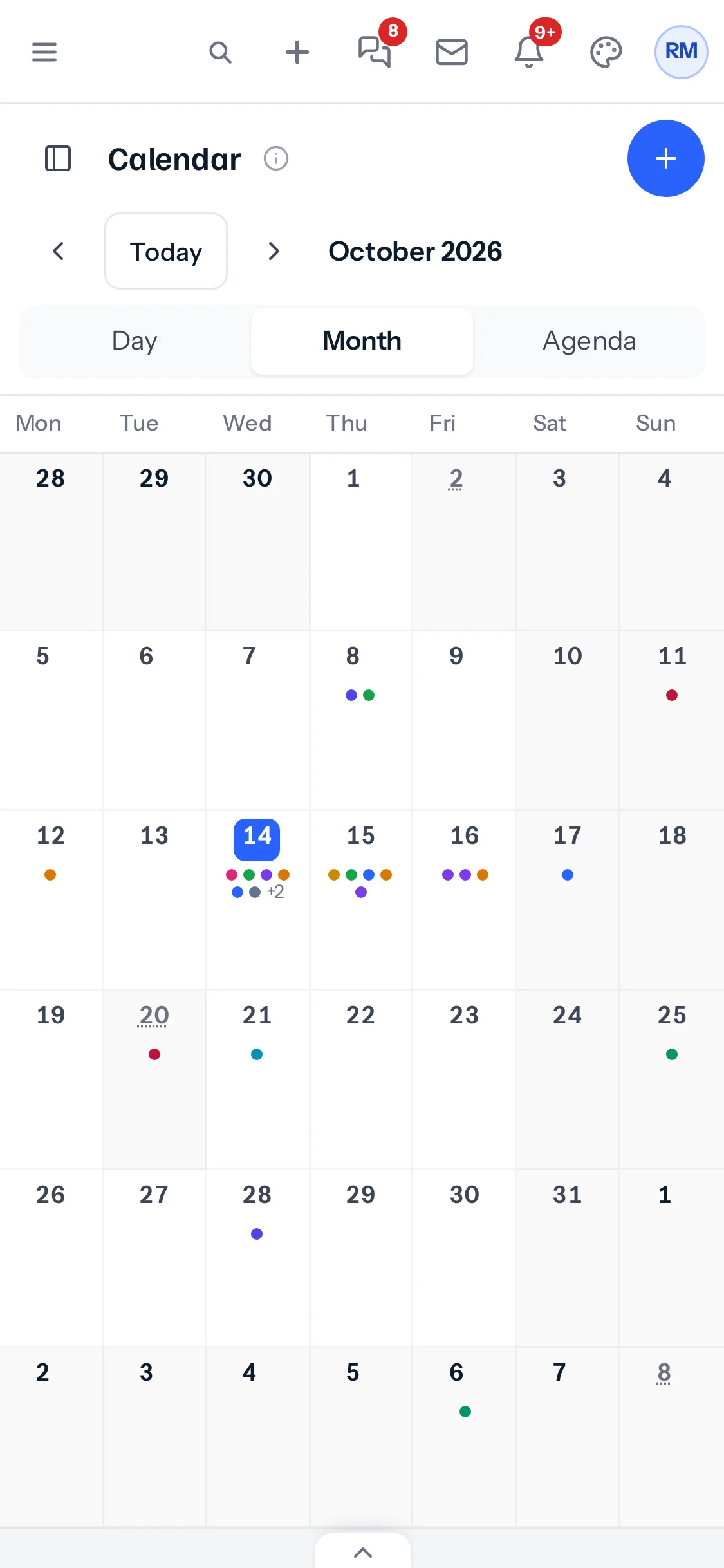 October 2026 on a phone: each day with a coloured dot for each thing on it, today in blue.