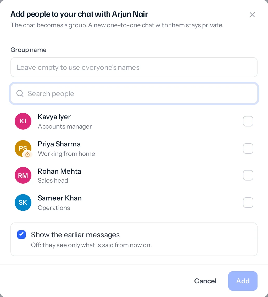 Adding people to a chat with Arjun Nair: a group name box, four colleagues to tick, and the Show the earlier messages tickbox, ticked.