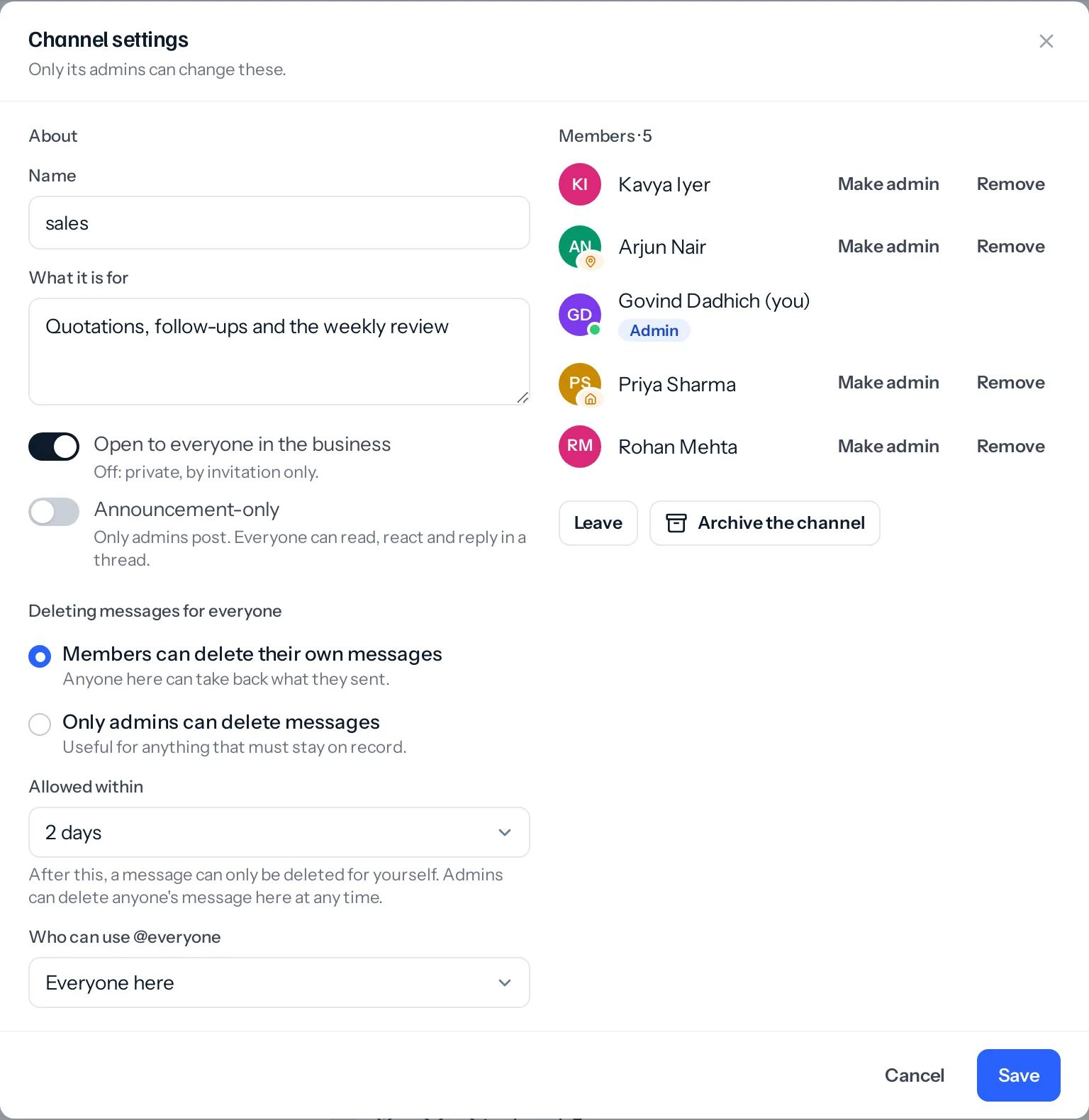 Channel settings for sales: name, purpose, open and announcement-only switches, the choice of who may delete messages for everyone and within how long, who can use @everyone, and the member list with Make admin and Remove.
