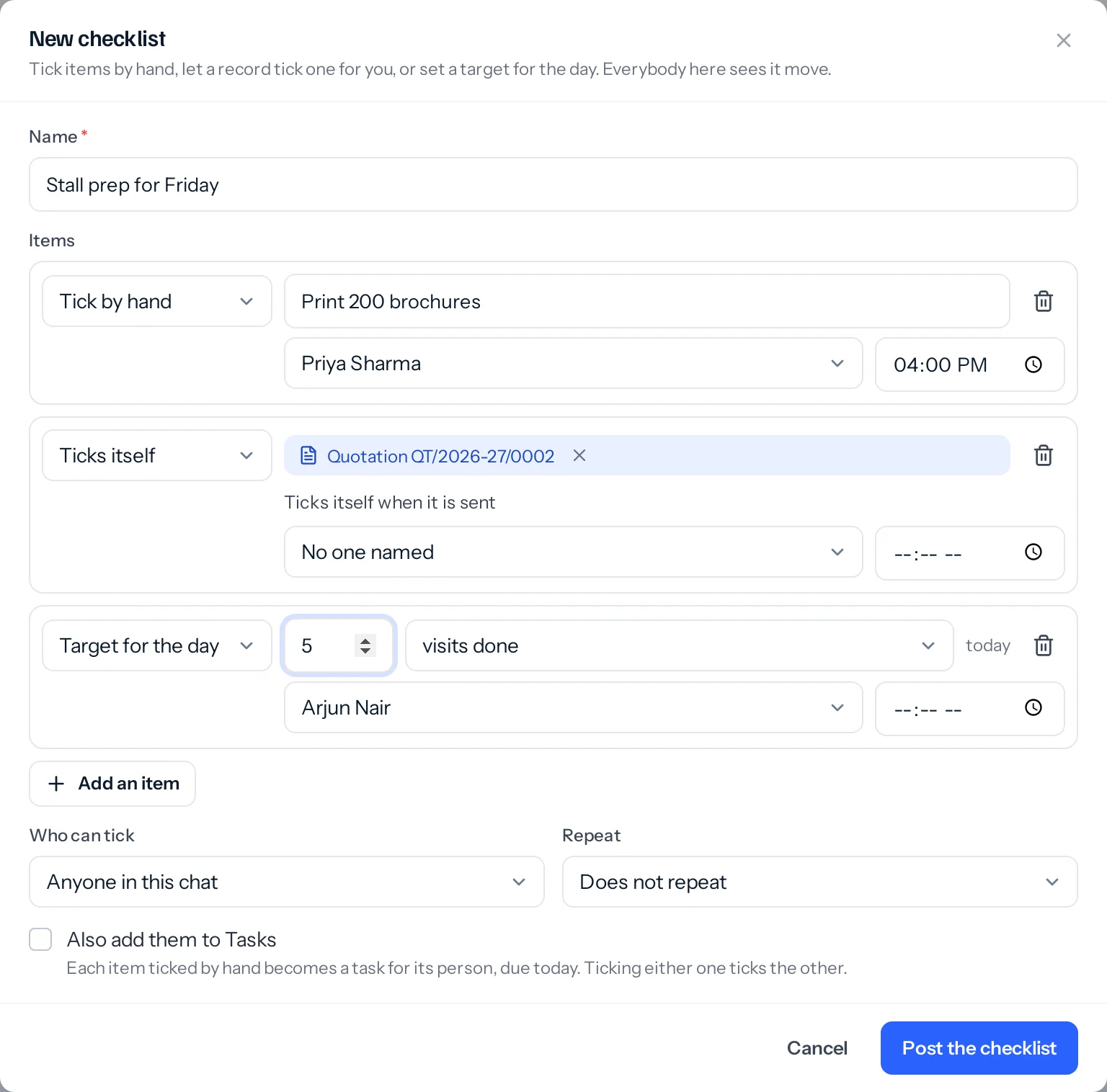 The New checklist window: Stall prep for Friday with three items, Print 200 brochures for Priya Sharma by 4 pm ticked by hand, a quotation that ticks itself when it is sent, and a target of 5 visits done today for Arjun Nair, then who can tick, repeat and Also add them to Tasks.