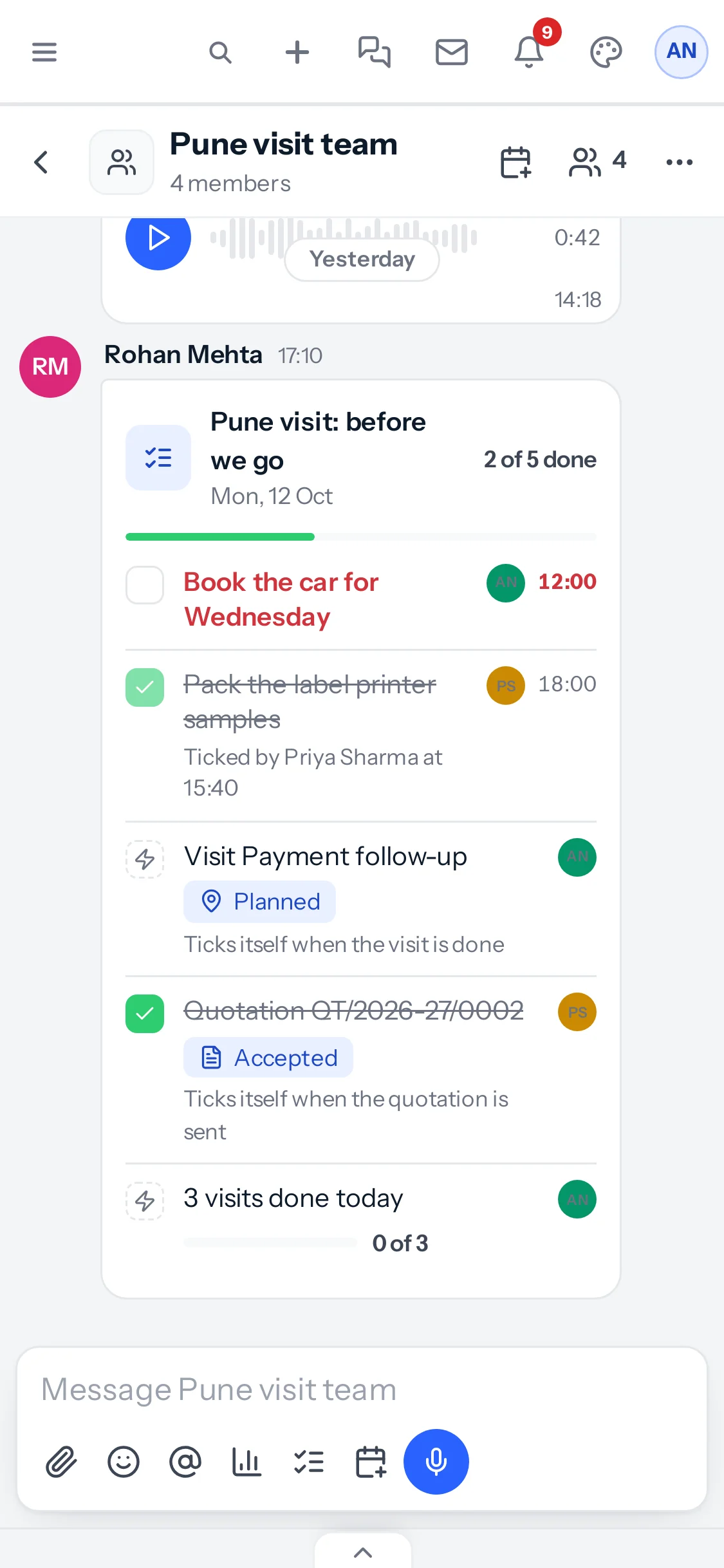 The Pune visit checklist on a phone, with each item, its person and its hour, the late one in red.