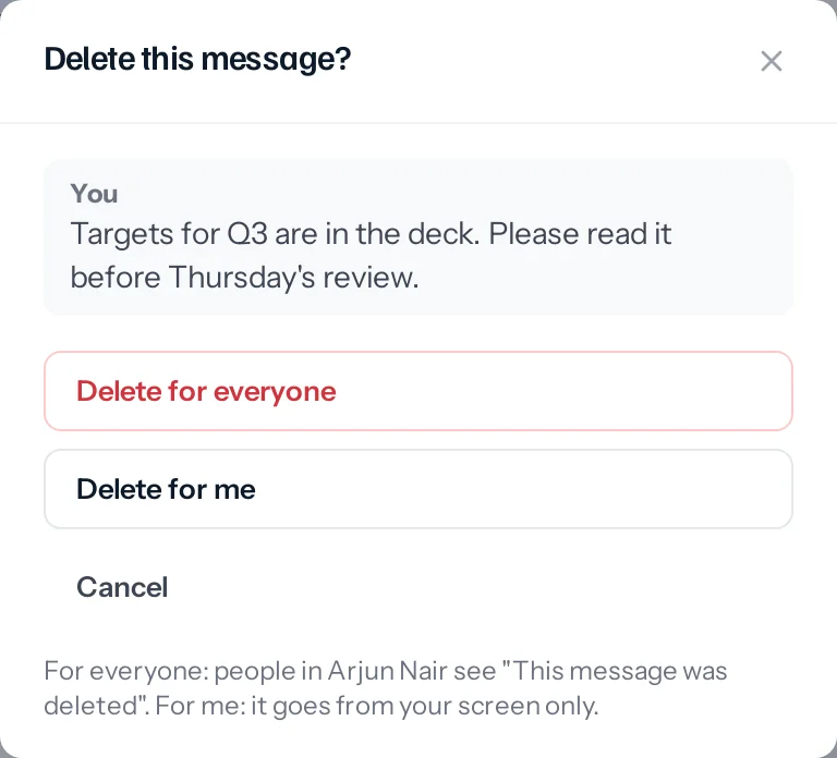 The Delete this message window with three buttons, Delete for everyone, Delete for me and Cancel, and a line explaining what each one does.