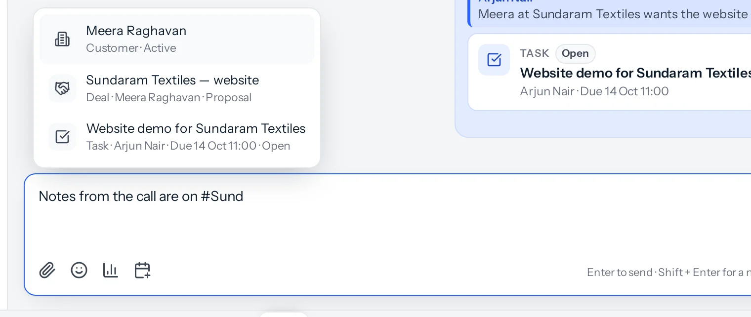 Typing #Sund in the message box lists Meera Raghavan the customer, the Sundaram Textiles website deal and the task Website demo for Sundaram Textiles.