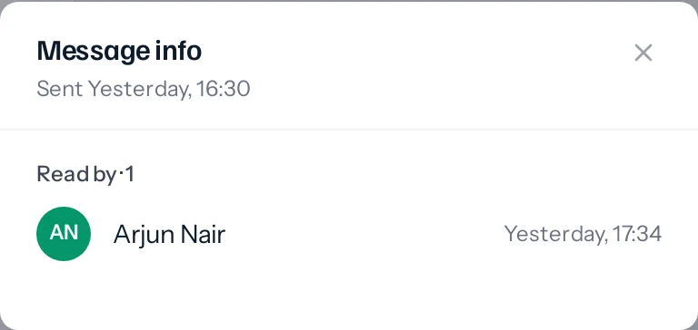 Message info for a message to Arjun Nair: sent yesterday at 15:22 and read by Arjun Nair yesterday at 17:34.