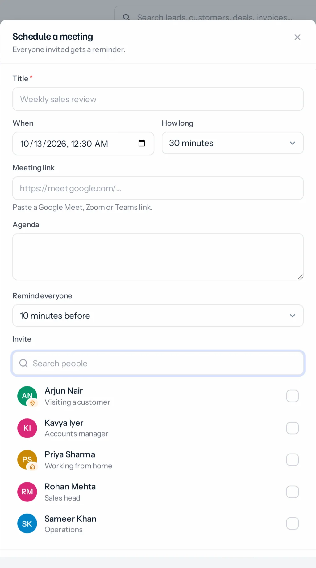 The Schedule a meeting window: title, date and time, length, meeting link, agenda, the reminder choice and the people to invite.