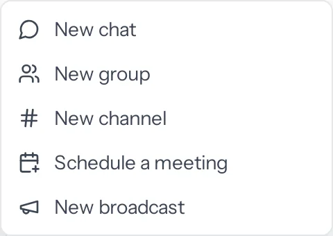 The plus menu in Charcha offering New chat, New group, New channel, Schedule a meeting and New broadcast.
