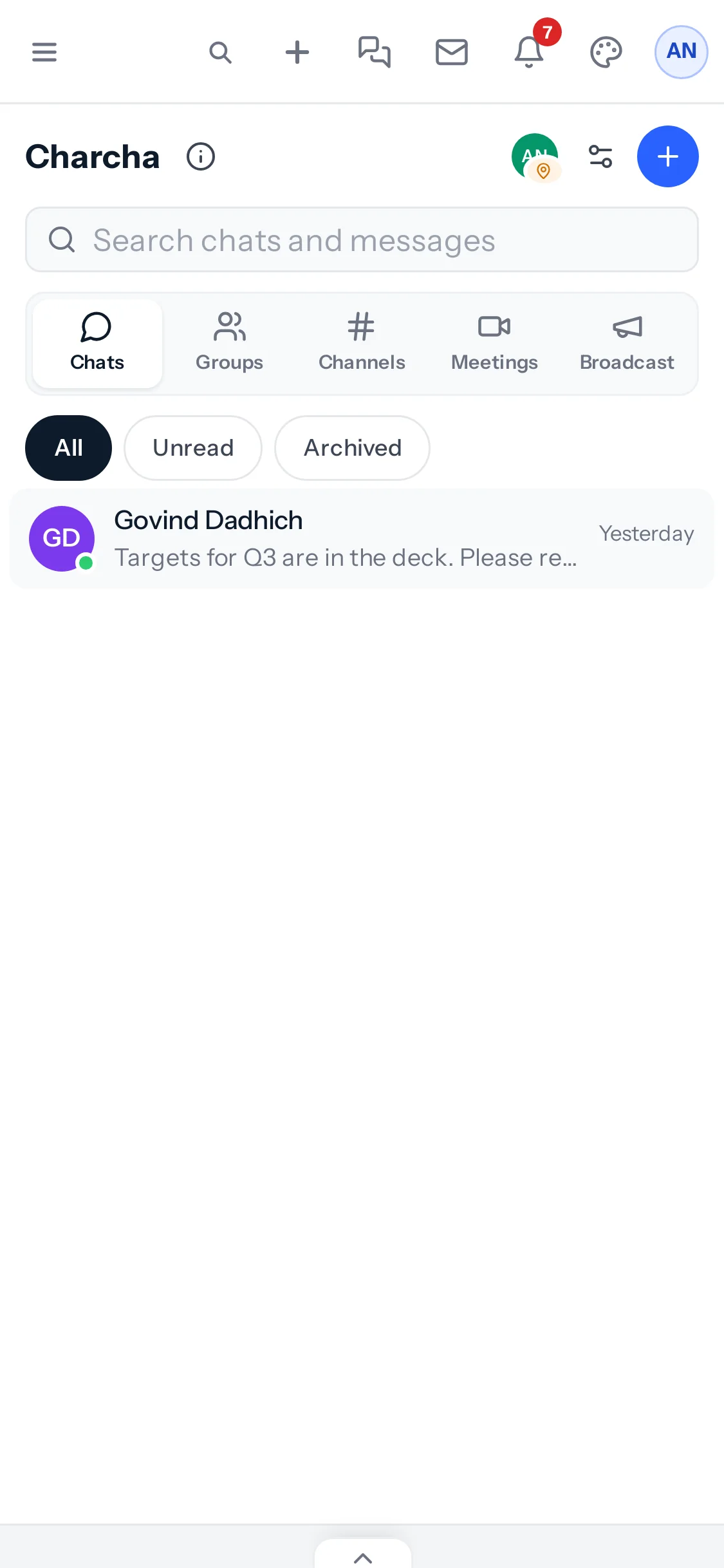 Charcha on a phone: the five sections across the top, the All, Unread and Archived filters, and a chat with Govind Dadhich showing his broadcast about the Q3 targets.