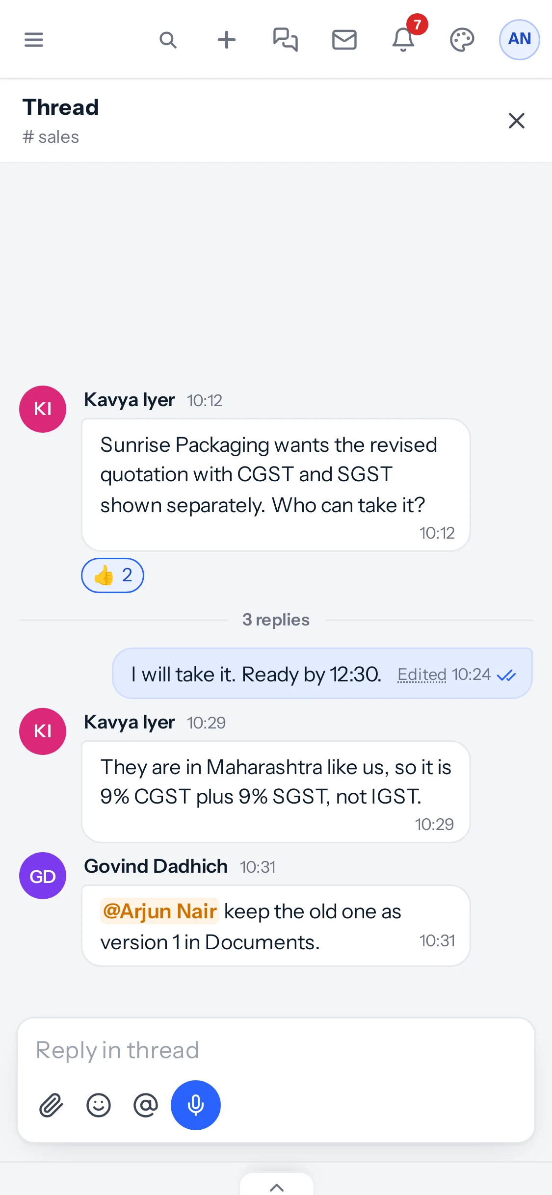 A thread on a phone: Kavya asks who can take the revised quotation, followed by three replies, one mentioning Arjun Nair, and a box to reply in the thread.