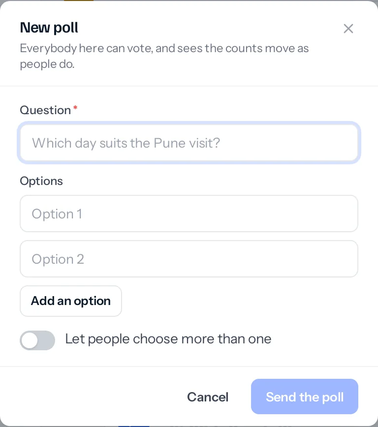 The New poll window with a question box, options to fill in, Add an option, and a switch to let people choose more than one.