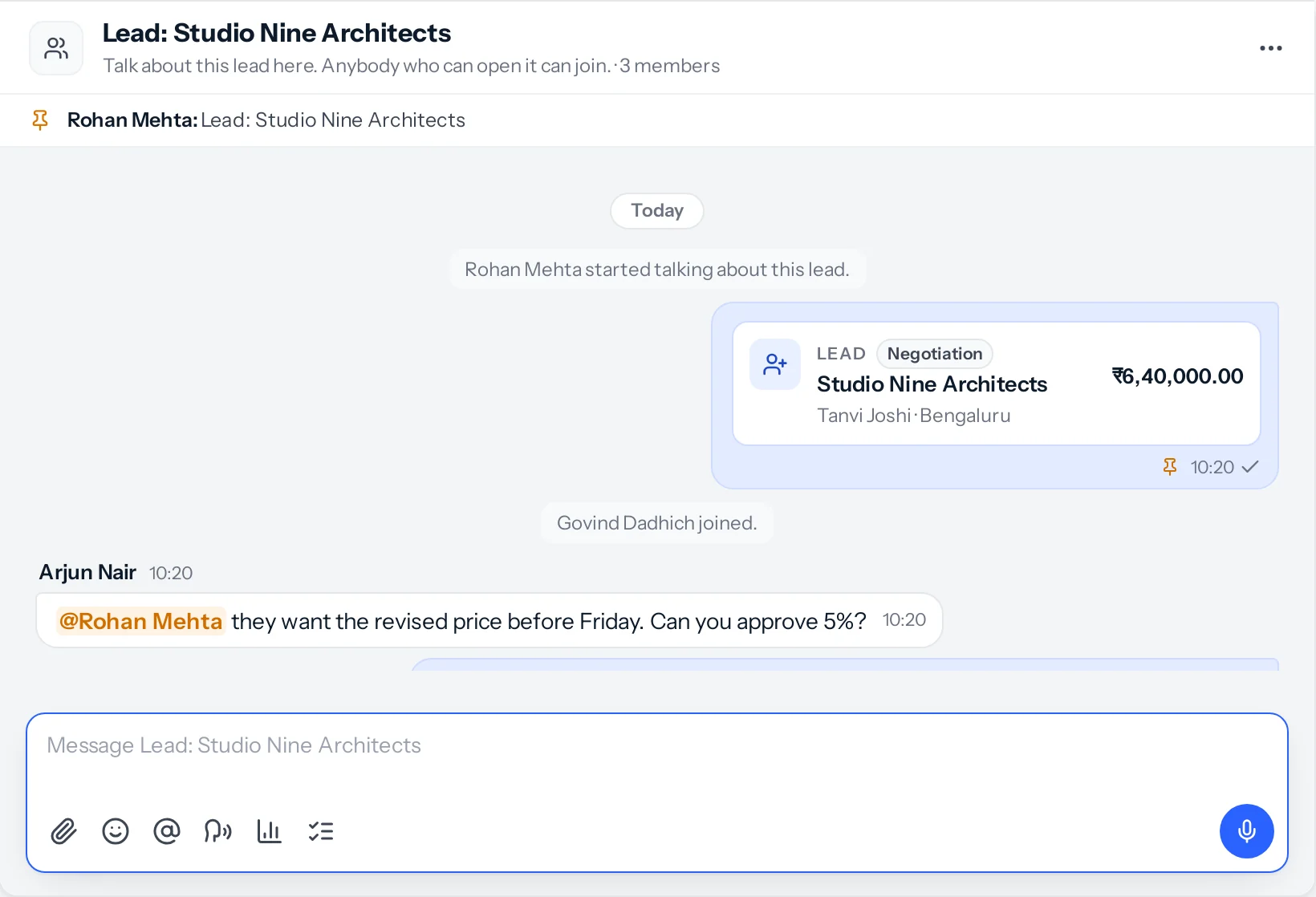The conversation about the lead Studio Nine Architects: the lead's card pinned, Arjun Nair asking Rohan Mehta about a 5% discount, and Rohan approving it.