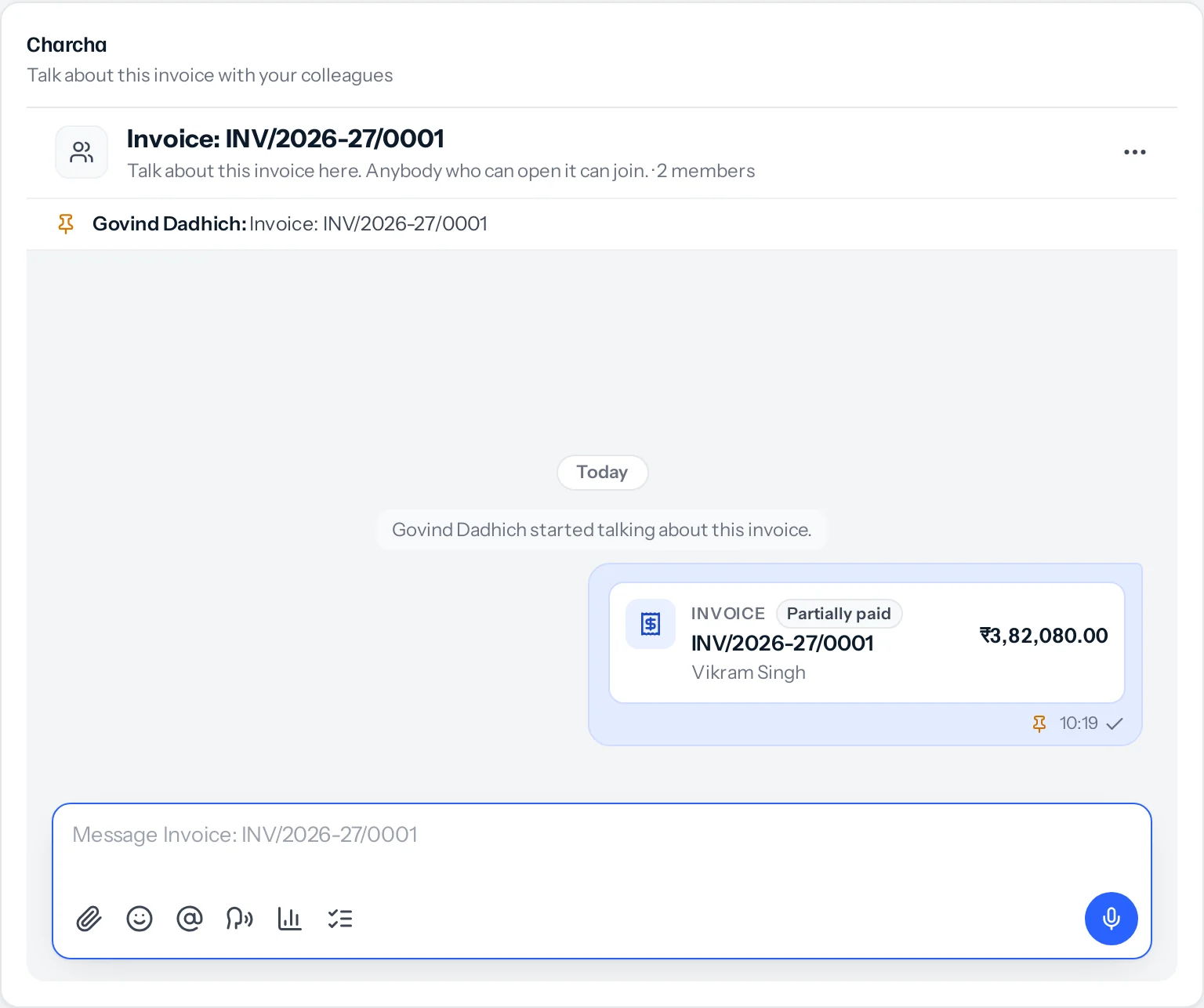 The Charcha card on invoice INV/2026-27/0001: the invoice's card, partly paid, for 3,82,080 rupees, pinned in its conversation.