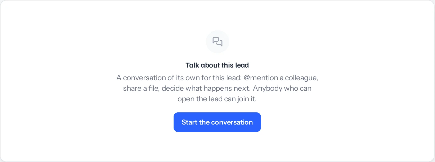 The Charcha tab of a lead with nothing said yet: Talk about this lead, and Start the conversation.