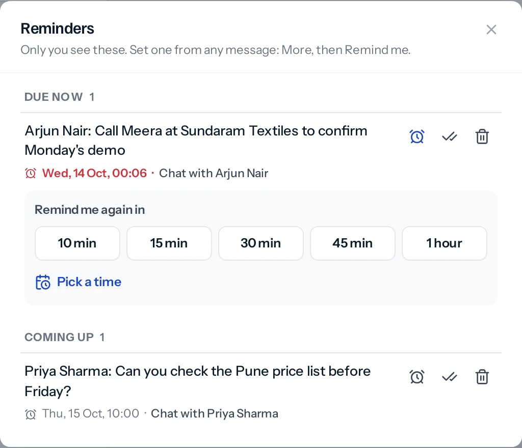 The Reminders window with one due now, Arjun Nair: Call Meera at Sundaram Textiles to confirm Monday's demo, in red with Chat with Arjun Nair beside the time. Under it Remind me again in, with 10 min, 15 min, 30 min, 45 min and 1 hour, and Pick a time. One coming up tomorrow below, Priya Sharma asking about the Pune price list.