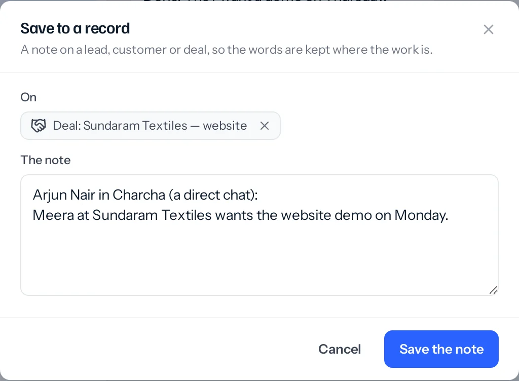 The Save to a record window with the Sundaram Textiles website deal chosen and the note reading Arjun Nair in Charcha, a direct chat, followed by the message.