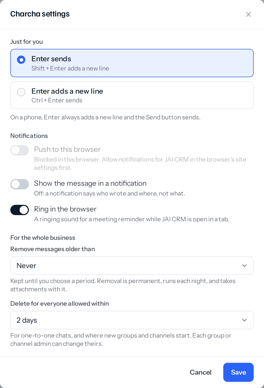 Charcha settings: Enter sends or Enter adds a new line, three notification switches, and for the whole business how long messages are kept and the window within which delete for everyone is allowed.
