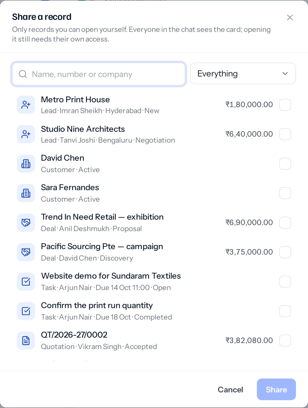 The Share a record window: a search box, a choice of kind set to Everything, and a list of leads, customers, deals, tasks and quotations with their amounts and tickboxes.