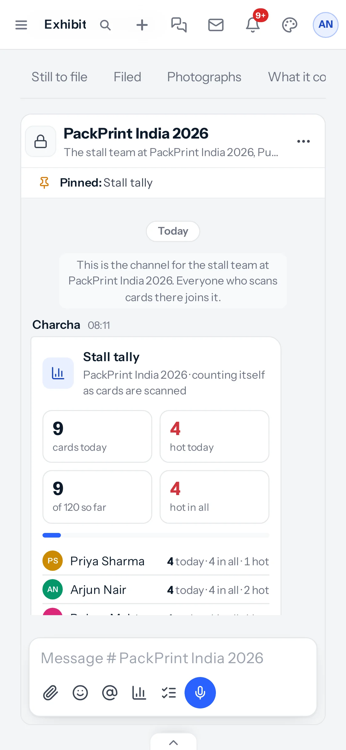 The PackPrint India 2026 exhibition on a phone, with the Charcha tab open and the stall tally in two columns: 9 cards today, 4 hot today, 9 of 120 so far and 4 hot in all.