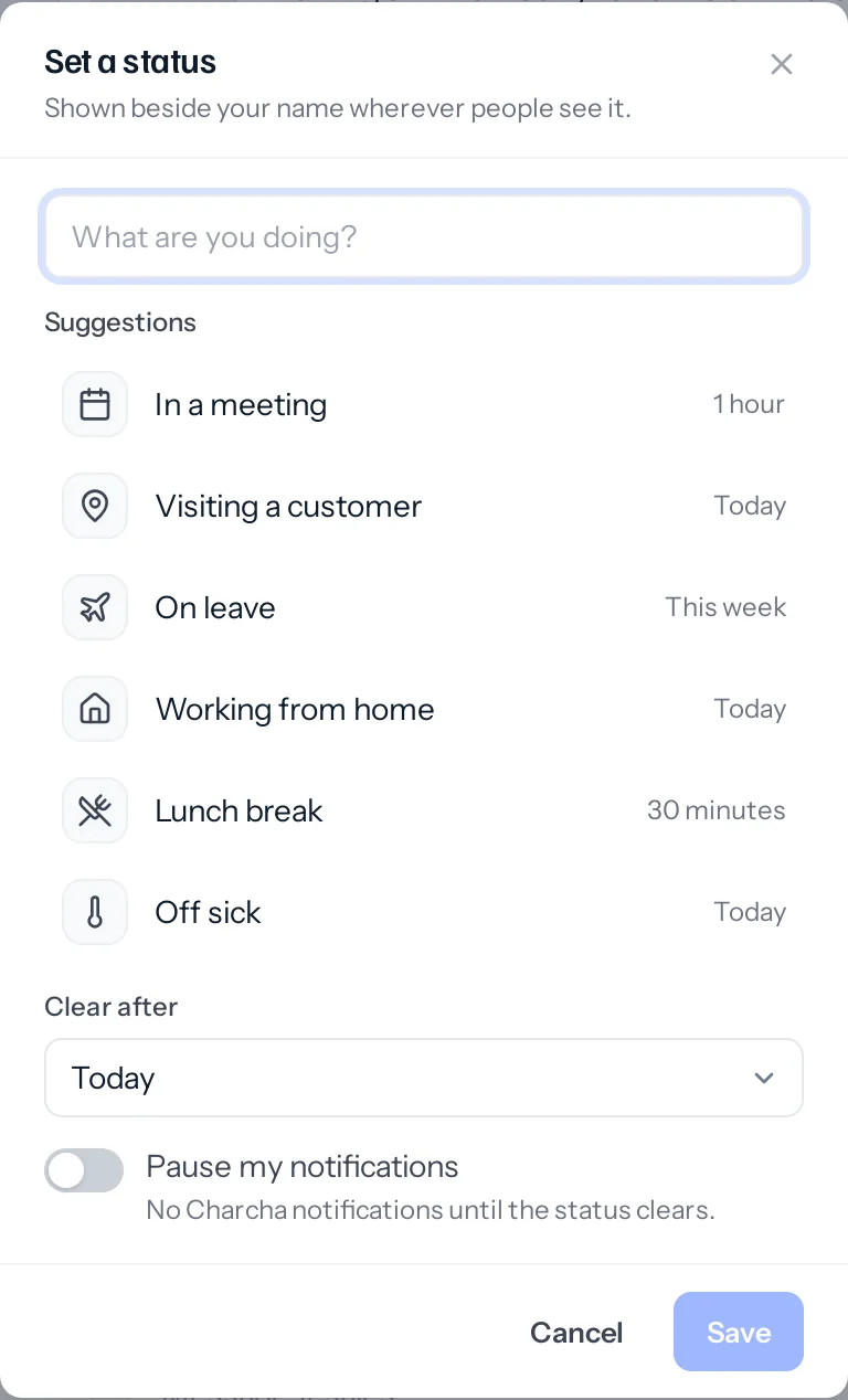The Set a status window: a box for your own words, six suggestions including In a meeting, Visiting a customer and On leave, a Clear after choice and a switch to pause notifications.