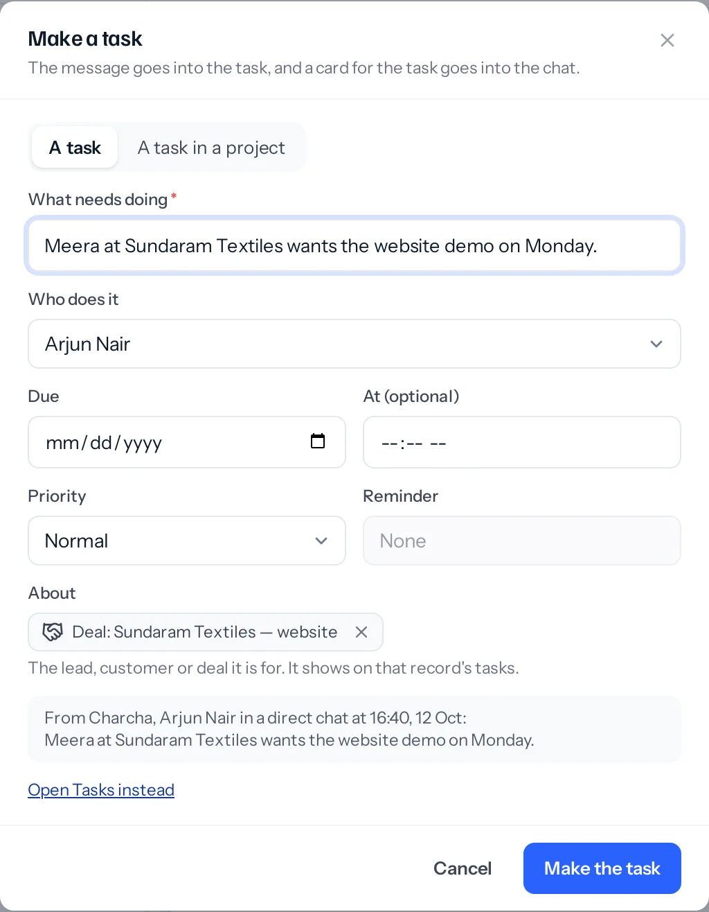 The Make a task window: what needs doing filled in from the message, Arjun Nair chosen to do it, due date and time, priority, reminder, the Sundaram Textiles website deal linked under About, and the message quoted at the bottom.