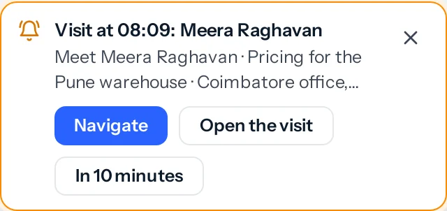 A reminder in the corner of the screen: Visit at 08:01 with Meera Raghavan about pricing for the Pune warehouse, at the Coimbatore office, with Navigate, Open the visit and In 10 minutes.