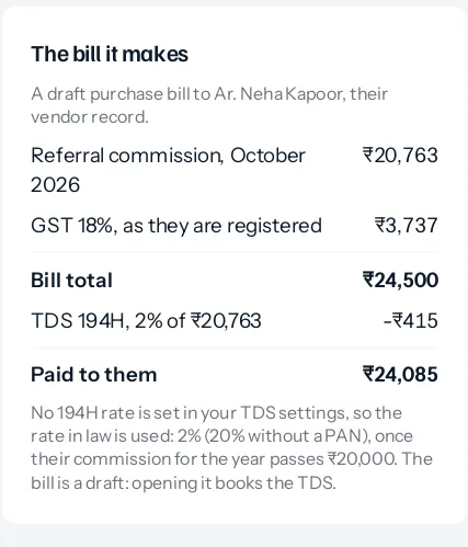 The bill a payout makes for Ar. Neha Kapoor, October 2026: commission ₹20,763, GST 18% ₹3,737, bill total ₹24,500, TDS 194H at 2% less ₹415, paid to them ₹24,085.