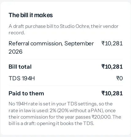 The bill a payout makes for Studio Ochre, September 2026: referral commission ₹10,281, no GST as they are not registered, no TDS within the threshold, paid to them ₹10,281.