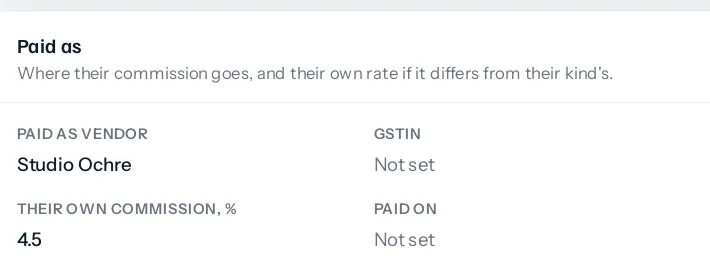 The Paid as section of a channel partner's page: paid as vendor Studio Ochre, their own commission 4.5%, paid on not set.