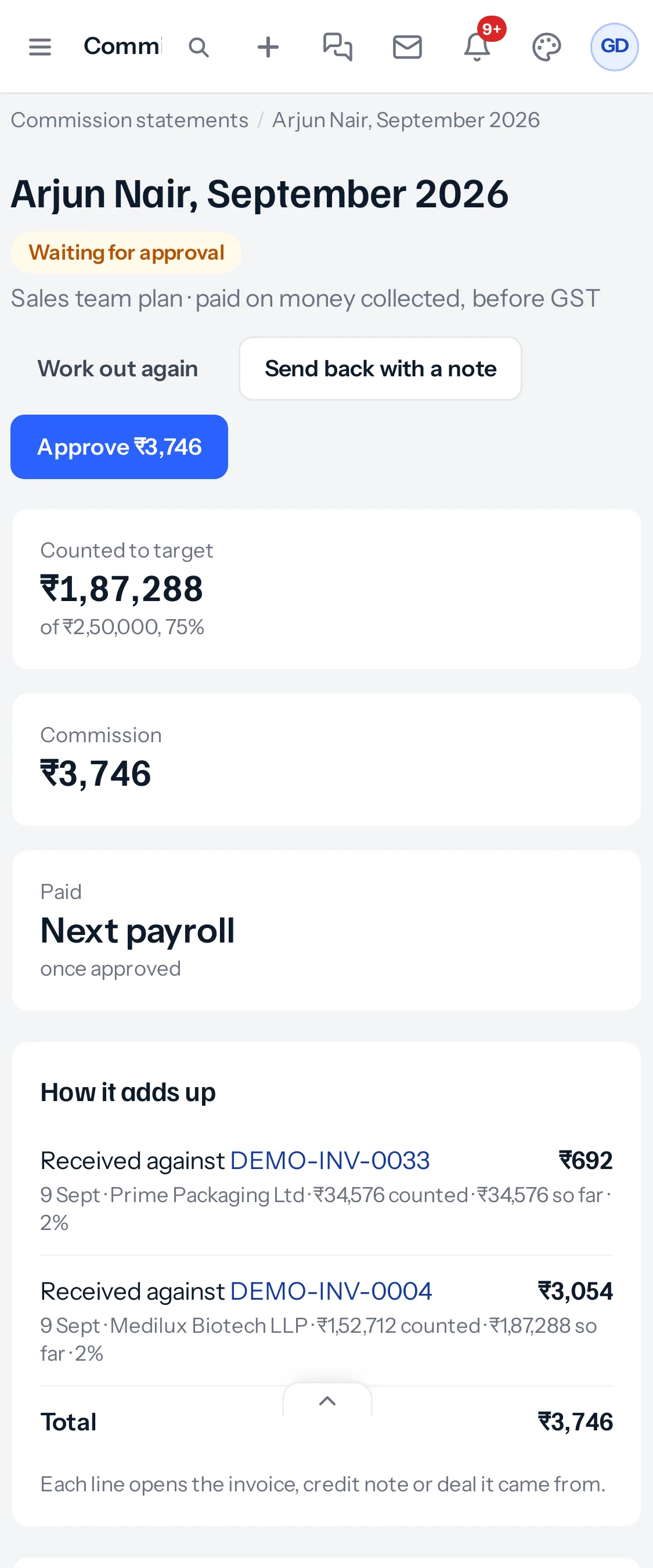 A commission statement on a phone: the status, Work out again, Send back with a note and Approve ₹3,746, the three figures stacked, and How it adds up with one line per row.