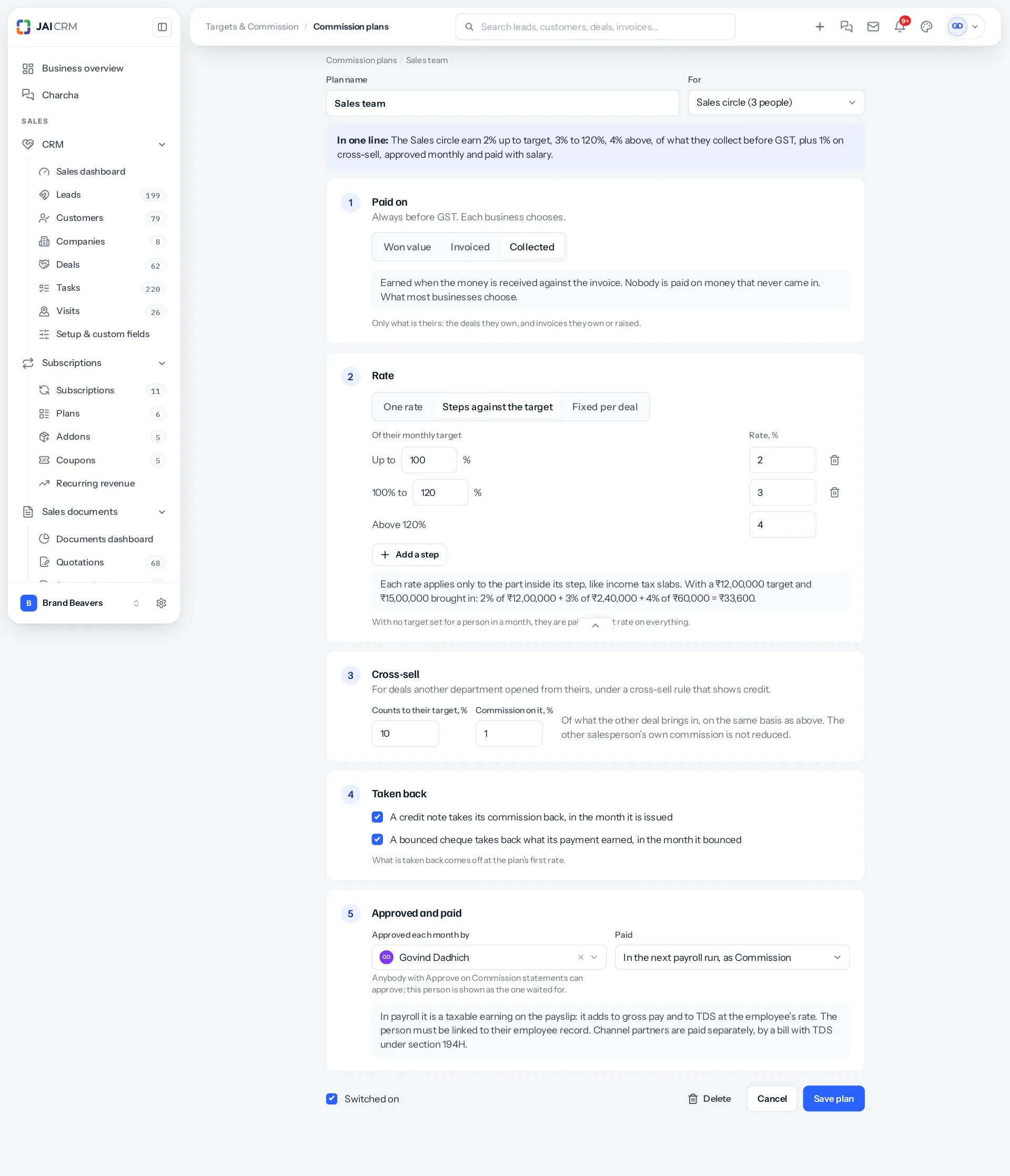 The Sales team plan page: the one-line summary, then five numbered steps for paid on, rate, cross-sell, taken back, and approved and paid.