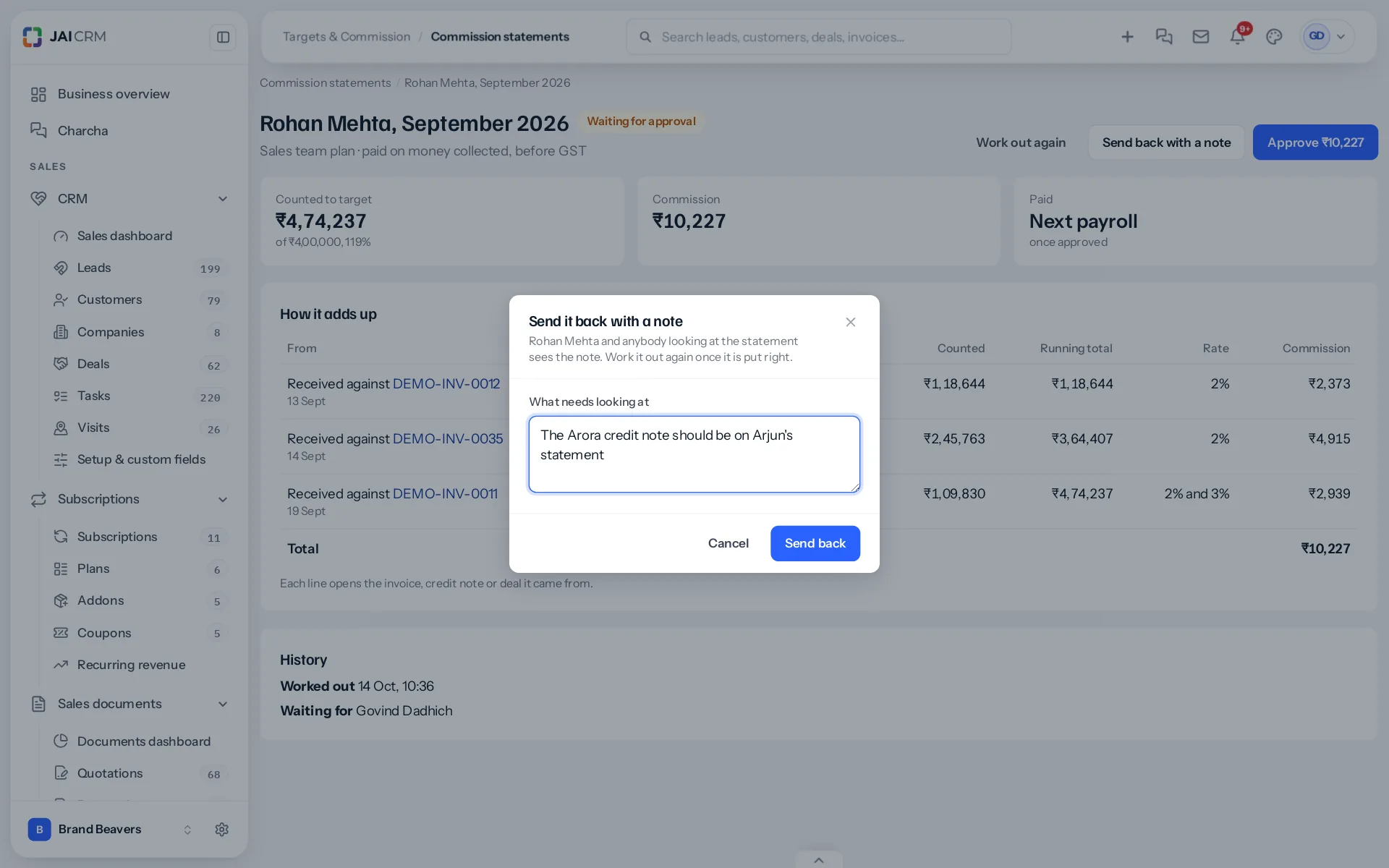 The Send it back with a note window over Rohan Mehta's statement, with a note typed in and Cancel and Send back buttons.