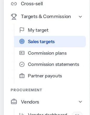 The sidebar's Targets & Commission group with five entries: My target, Sales targets, Commission plans, Commission statements and Partner payouts.