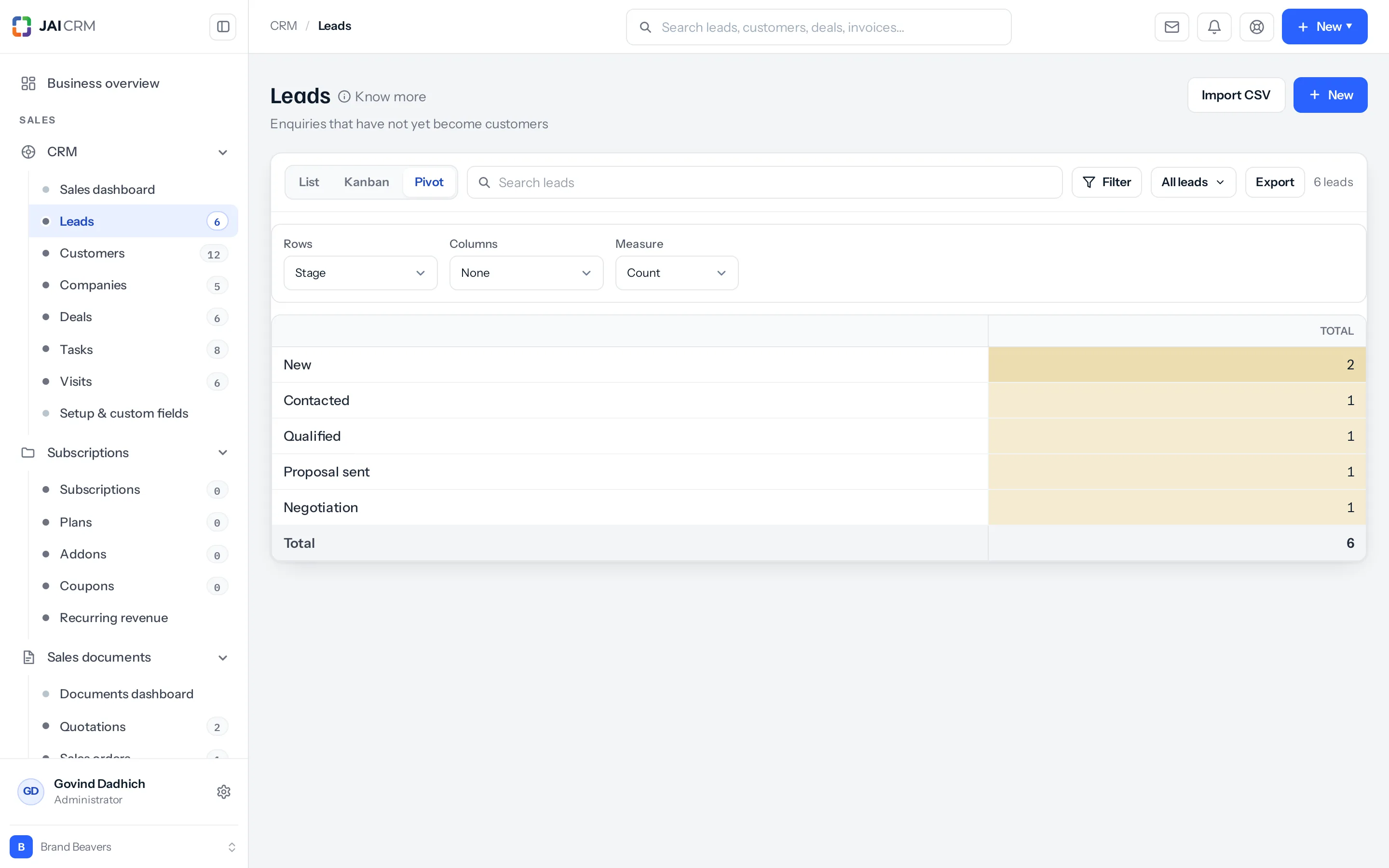 A pivot of leads by stage, counting how many are in each.