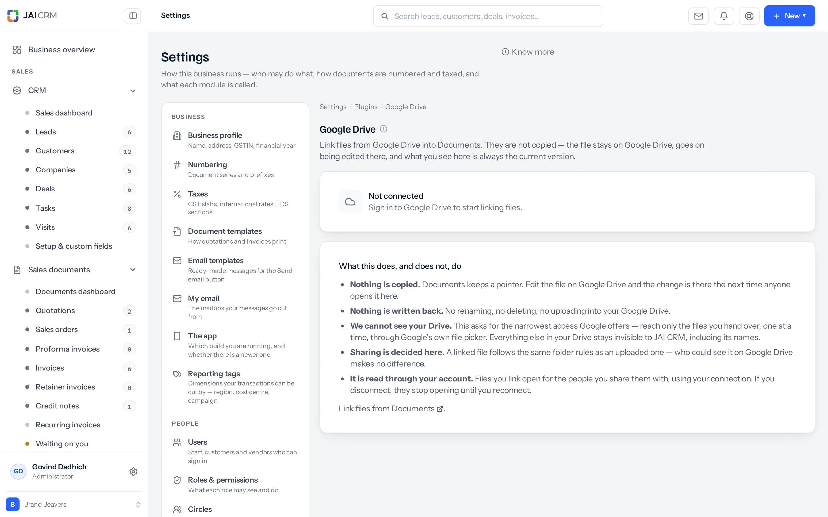 The Google Drive screen inside JAI CRM, reached from Settings, Integrations, where each person connects their own account before linking files from Documents.