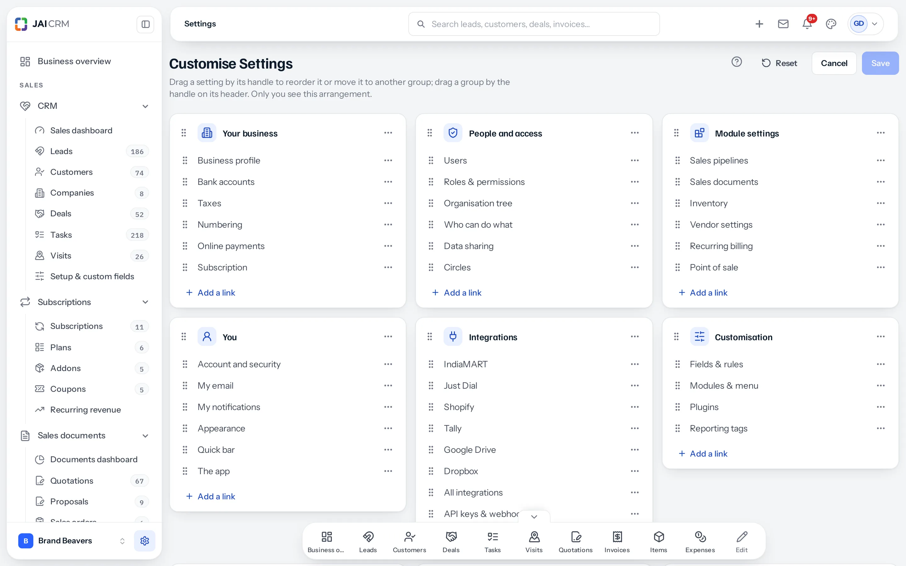 Customise Settings: each group card has a drag handle on its header and on each setting, a menu on each, and Add a link at its foot; a dashed Create a group card at the end; Reset, Cancel and Save at the top.
