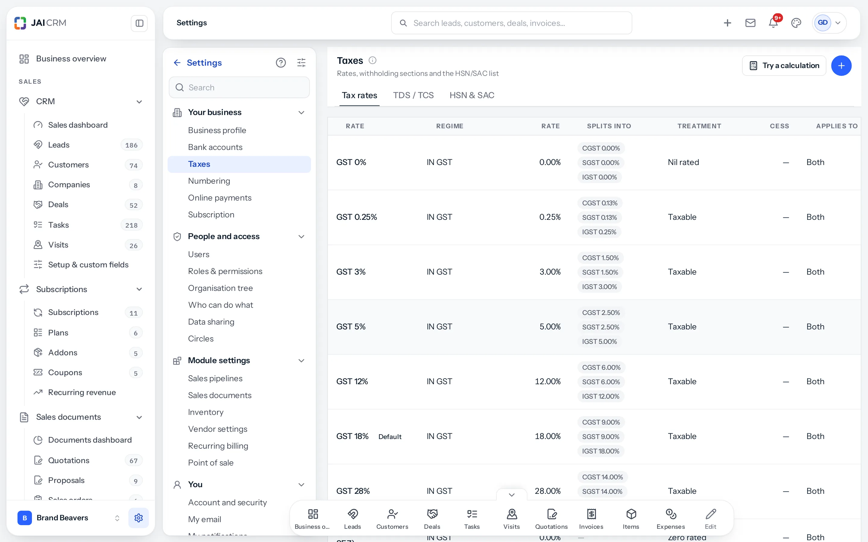The Taxes setting with the panel beside it: Settings with a back arrow, a help question mark and a customise button, a search box, Frequently used, and the groups Your business, People and access and Module settings listed, with Taxes lit.